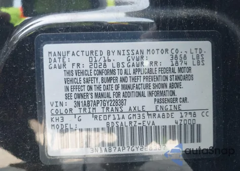 2016 Nissan Sentra Sr z USA, uszkodzony, nr VIN 3N1AB7AP7GY228387